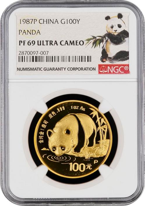 Gouden China Panda 1 oz 1987 PF69 UCAM NGC gecertificeerd, Postzegels en Munten, Munten | Azië, Oost-Azië, Losse munt, Goud, Verzenden