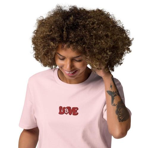 Bitcoin t-shirt - Groovy Love - Geborduurd - 100% Bio Katoen, Kleding | Dames, T-shirts, Korte mouw, Roze, Nieuw, Verzenden