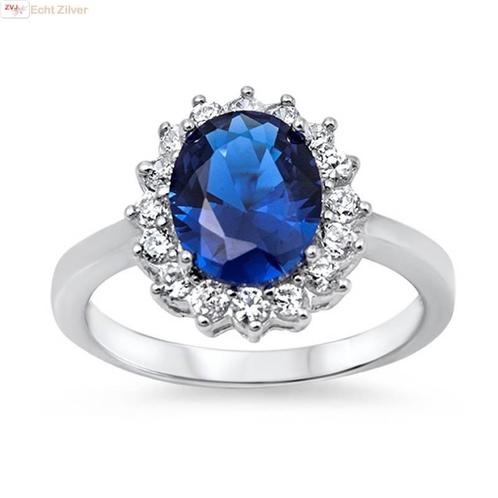 Zilveren saffier blauwe ovale Diana ring, Sieraden, Tassen en Uiterlijk, Ringen, Blauw, Nieuw, Zilver, Verzenden