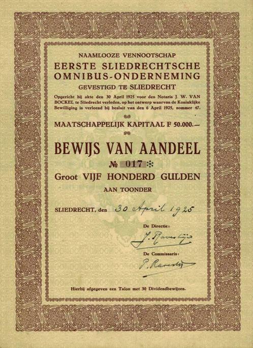 Eerste Sliedrechtsche Omnibus-Onderneming, aandeel uit 1925, Postzegels en Munten, Aandelen en Waardepapieren, Aandeel, 1920 tot 1950