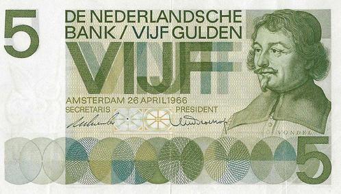 Bankbiljet 5 gulden 1966 Vondel I Prachtig, Postzegels en Munten, Bankbiljetten | Nederland, Verzenden