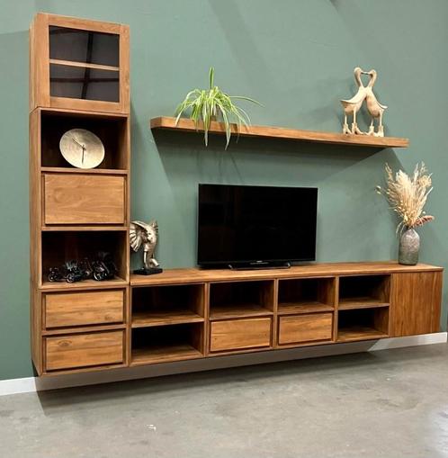 Stel uw eigen wandkast samen! modulair tv-meubel teakhout, Huis en Inrichting, Kasten | Televisiemeubels, 25 tot 50 cm, Nieuw