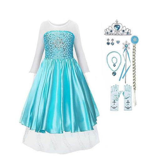 Frozen Elsa prinsessenjurk + accessoires maat 98/146 - blauw, Kinderen en Baby's, Carnavalskleding en Verkleedspullen, Meisje
