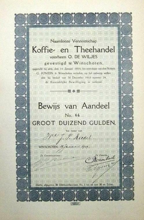 Koffie- en Theehandel voorheen O. de Wiljes te Winschoten, Postzegels en Munten, Aandelen en Waardepapieren, Aandeel, Voor 1920
