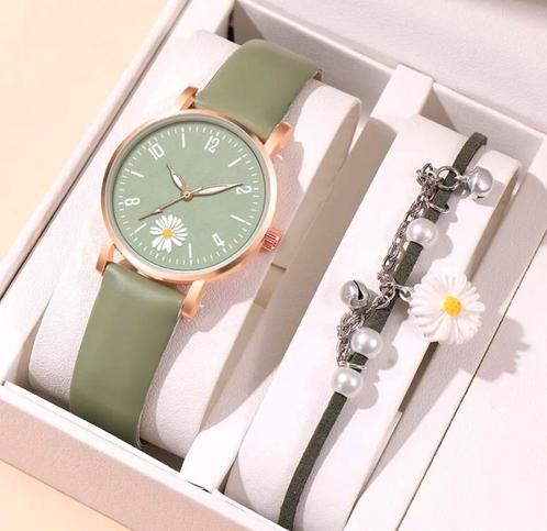 Groen Horloge & Madelief Armband Set, Sieraden, Tassen en Uiterlijk, Armbanden, Verzenden