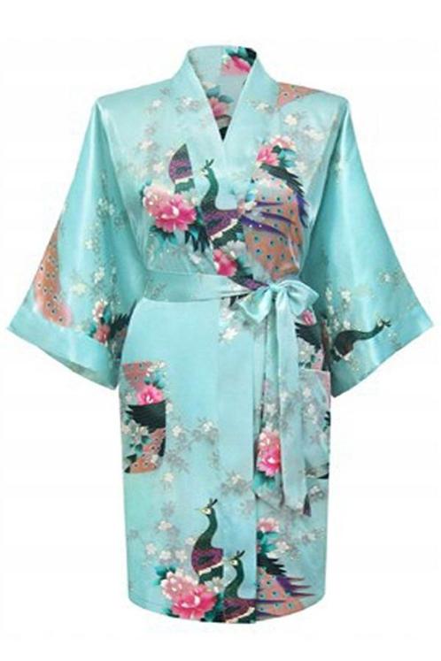 KIMU® Kimono Lichtblauw Kort S-M Yukata Satijn Boven de Knie, Kleding | Dames, Carnavalskleding en Feestkleding, Nieuw, Maat 36 (S)