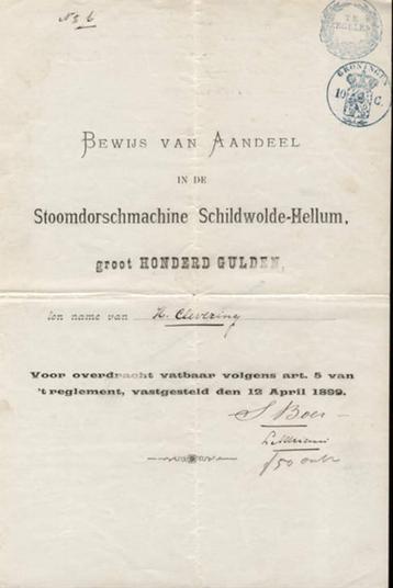 aandeel Stoomdorsmachine Schildwolde-Hellum, 1899