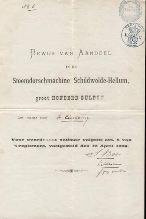 aandeel Stoomdorsmachine Schildwolde-Hellum, 1899, Postzegels en Munten, Aandelen en Waardepapieren, Aandeel, Voor 1920, Ophalen of Verzenden