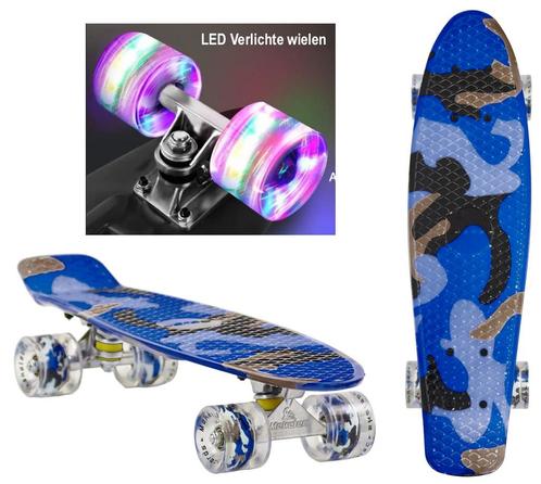 Sajan - Skateboard - LED - Penny board - Camouflage Blauw -, Sport en Fitness, Skateboarden, Skateboard, Nieuw, Verzenden