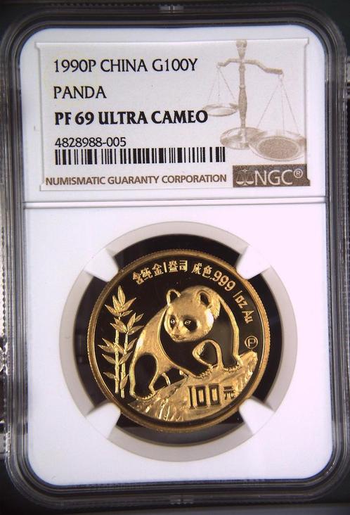 Gouden China Panda 1 oz 1990 PF69 UCAM NGC gecertificeerd, Postzegels en Munten, Munten | Azië, Oost-Azië, Losse munt, Goud, Verzenden
