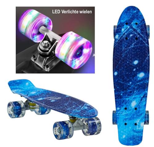 Sajan - Skateboard - LED - Penny board - Space Blauw - 22.5, Sport en Fitness, Skateboarden, Skateboard, Nieuw, Verzenden