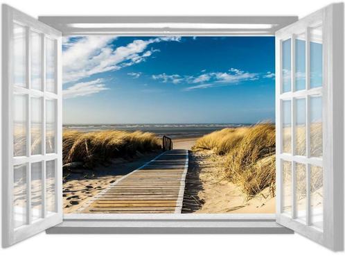 Raam strand fotobehang loopplank, 3D behang, strand behang, Huis en Inrichting, Stoffering | Behang, minder dan 10 m², Blauw, Wit