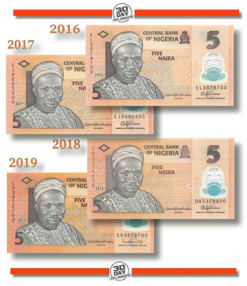 Nigeria 5 Naira 2016,2017,2018,2019 Unc Polymer, Postzegels en Munten, Bankbiljetten | Afrika, Setje, Nigeria, Ophalen of Verzenden