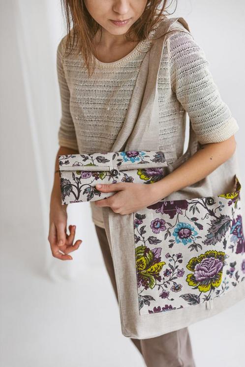 Handgemaakte linnen Opvouwbare tas - met wilde bloemen -, Sieraden, Tassen en Uiterlijk, Tassen | Schoudertassen