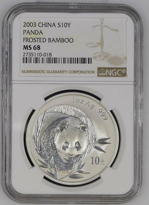 Chinese Panda 1 oz 2003 Frosted Bamboo NGC MS68, Postzegels en Munten, Munten | Azië, Oost-Azië, Losse munt, Zilver, Verzenden