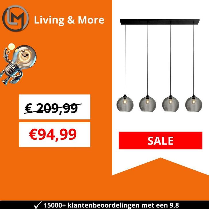 Hanglamp Zwart met Smoke Glas – 4-Lichts Langwerpig | Xavi, Huis en Inrichting, Lampen | Hanglampen, Nieuw, Verzenden