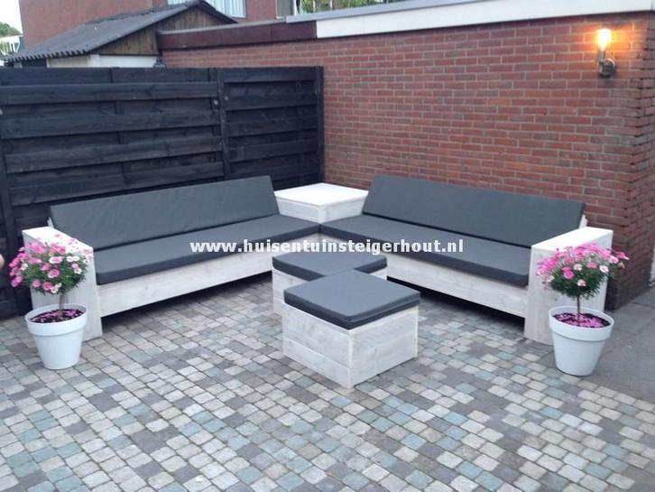 Loungebank hoekbank Tuinbank Steigerhout Tuinset ACTIE, Tuin en Terras, Tuinsets en Loungesets, Bank, Bijzettafel, Eettafel, Hocker