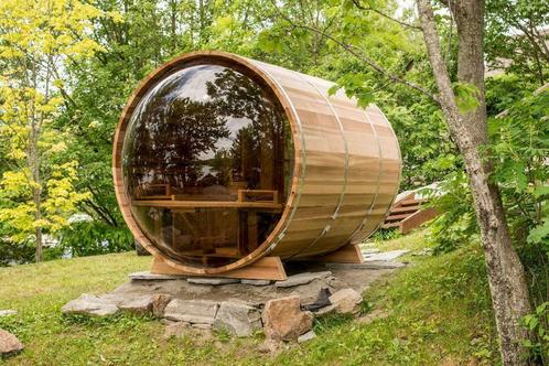 Barrel sauna met panoramisch uitzicht | Red Cedar hout, Sport en Fitness, Sauna, Fins of Traditioneel, Complete sauna, Nieuw, Ophalen of Verzenden