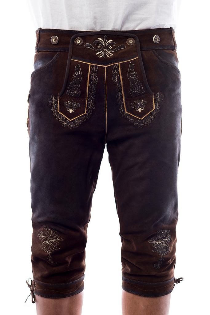 Lederhose Leer Lang Donkerbruin Gestikt en Bretels, Kinderen en Baby's, Carnavalskleding en Verkleedspullen, Nieuw, Verzenden