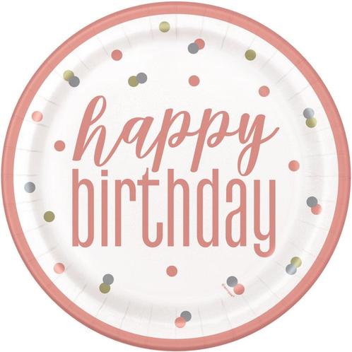 Happy Birthday Borden Rose Goud 23cm 8st, Hobby en Vrije tijd, Feestartikelen, Nieuw, Verzenden