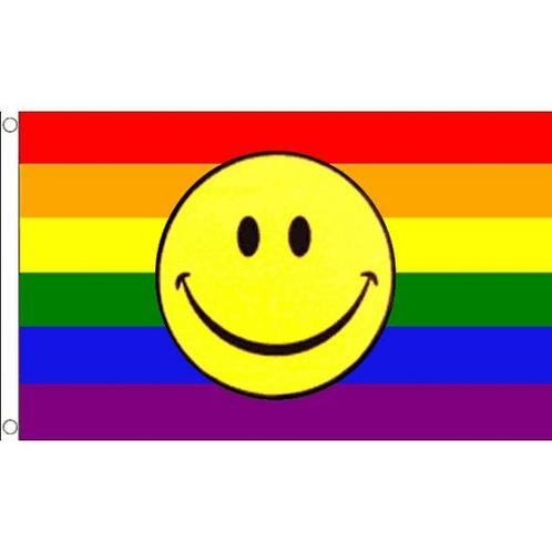 Regenboog gevelvlag met smiley - Regenboog thema, Hobby en Vrije tijd, Feestartikelen, Ophalen of Verzenden