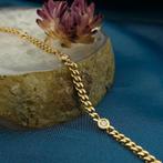 18 Krt. Gouden platte gourmetschakel armband met diamant;..., Gebruikt, Overige kleuren, Ophalen of Verzenden, Met edelsteen