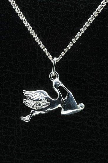 Zilveren Ooievaar met baby hanger - 2, Sieraden, Tassen en Uiterlijk, Kettinghangers, Verzenden