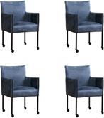 Set van 4 Blauwe leren moderne kuipstoel - poot rond zwart m, Huis en Inrichting, Stoelen, Overige kleuren, Nieuw, Leer, Ophalen of Verzenden