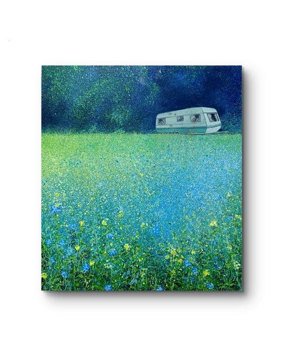 Paco Guzmán - Caravana en campo azul, Antiek en Kunst, Kunst | Schilderijen | Modern