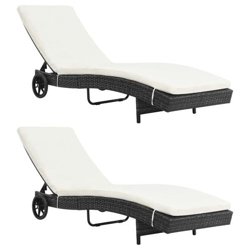 vidaXL Ligbedden 2 st met wielen en kussens poly rattan, Tuin en Terras, Ligbedden, Nieuw, Verzenden