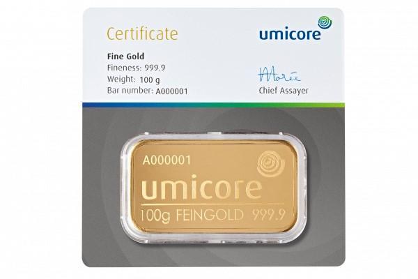 100 gram Goudbaar Umicore met certificaat, Postzegels en Munten, Edelmetalen en Baren, Goud, Verzenden