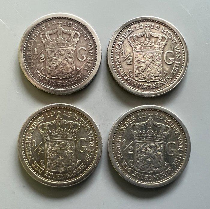 Nederland. Wilhelmina. 1/2 gulden 1910, 1912, 1913 en 1919, Postzegels en Munten, Munten | Nederland