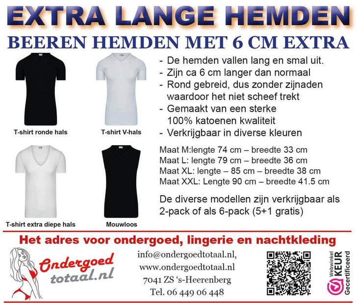 Beeren hemden extra lang, Kleding | Heren, Ondergoed, Overige kleuren, Hemd, Verzenden
