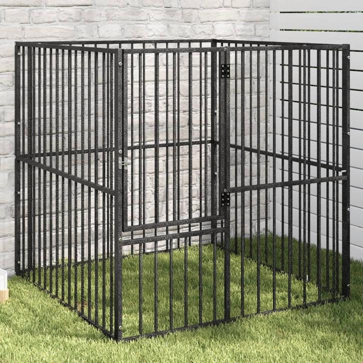 vidaXL Hondenkennel 4 panelen gepoedercoat staal zwart, Dieren en Toebehoren, Hondenhokken, Nieuw, Verzenden