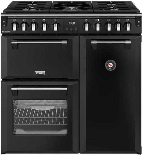 Stoves Richmond 90 DF gas fornuis - zwart - 90 cm. breed, Witgoed en Apparatuur, Fornuizen, 60 cm of meer, Vrijstaand, 5 kookzones of meer