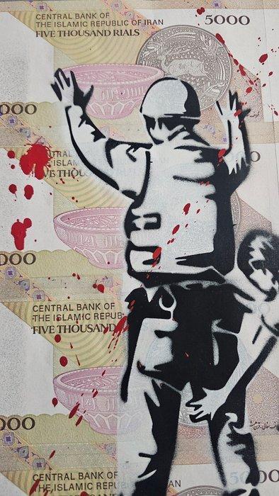 Jinks Kunst - Tribute to Banksy on 8 Iranian banknotes, Antiek en Kunst, Kunst | Designobjecten