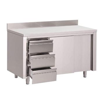 Gastro M werktafel met 3 laden links, schuifdeuren en beschikbaar voor biedingen
