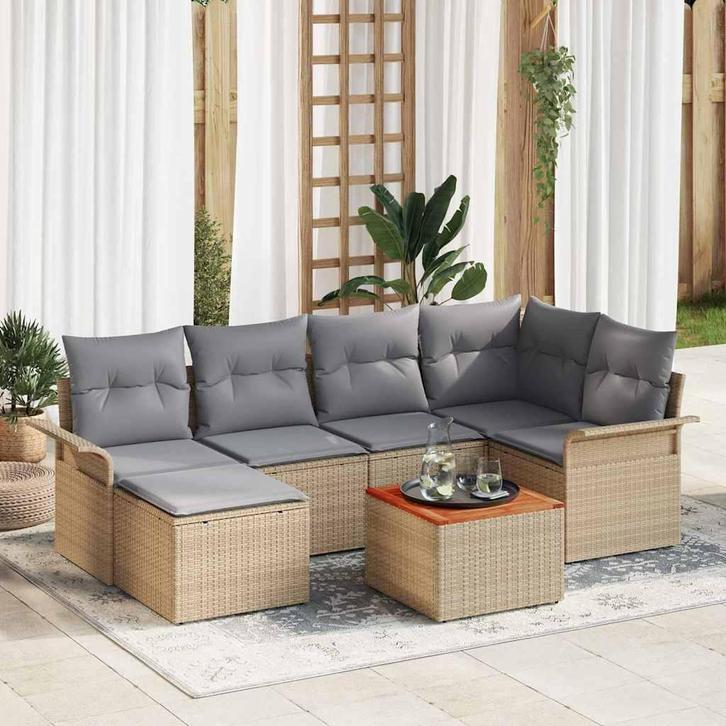 vidaXL Tuin Sofa Set 7 pcs Beige Poly riet, Tuin en Terras, Tuinsets en Loungesets, Nieuw, Rotan, Verzenden
