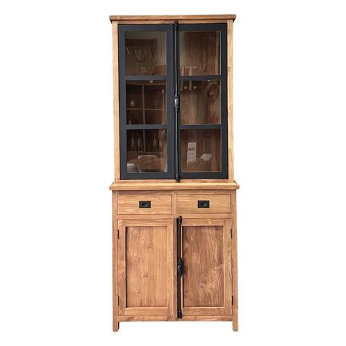 Robuuste vitrine met stalen deuren gemaakt van oud teakhout, Huis en Inrichting, Kasten | Buffetkasten, 25 tot 50 cm, Met lade(s)