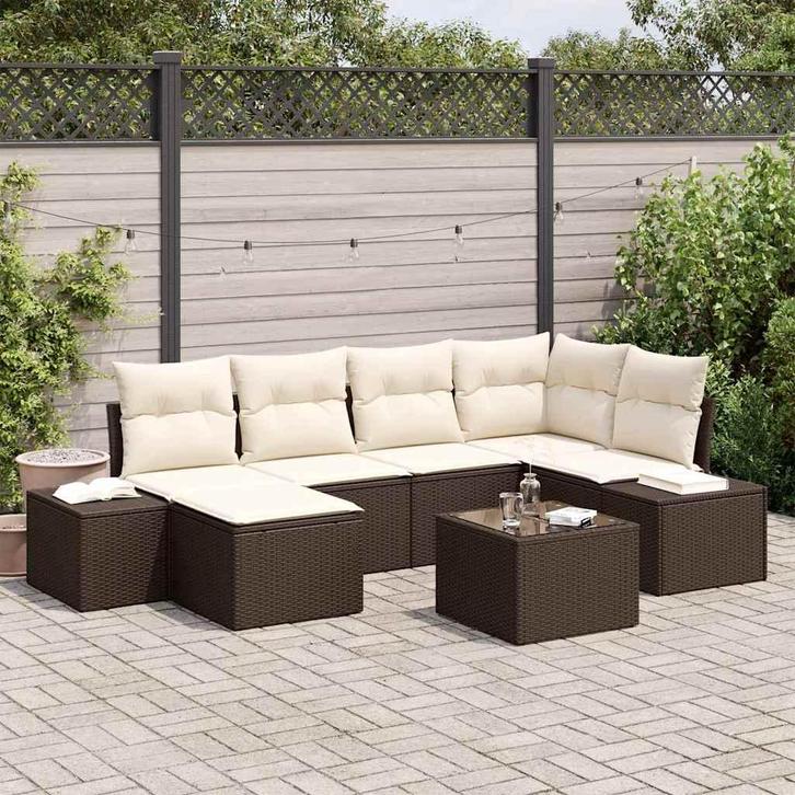 vidaXL Tuin Sofa Set met kussen 6 pcs Bruin en Crème poly, Tuin en Terras, Tuinsets en Loungesets, Nieuw, Rotan, Verzenden