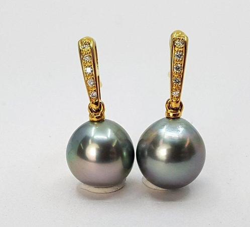 Oorbellen - 14 karaat Geel goud - 0.08ct. tw. - 9x10mm, Sieraden, Tassen en Uiterlijk, Oorbellen