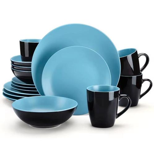 Serviesset 16/32 delig – Mat Zwart + Blauw Steen Dinerborden, Huis en Inrichting, Keuken | Servies, Bord(en), Nieuw, Keramiek