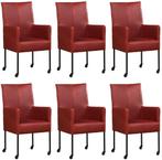Set van 6 Rode leren moderne eetkamerstoelen - poot rond zwa, Huis en Inrichting, Overige kleuren, Nieuw, Leer, Ophalen of Verzenden