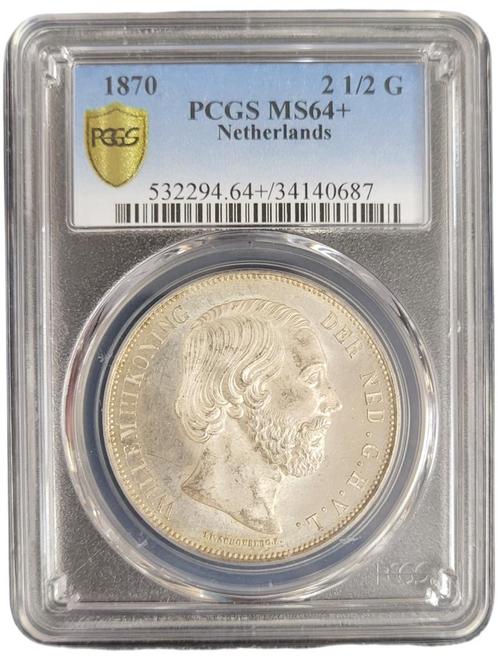 Koning Willem III 2 1/2 Gulden 1870 MS64+ PCGS, Postzegels en Munten, Munten | Nederland, Losse munt, Koning Willem III, Zilver