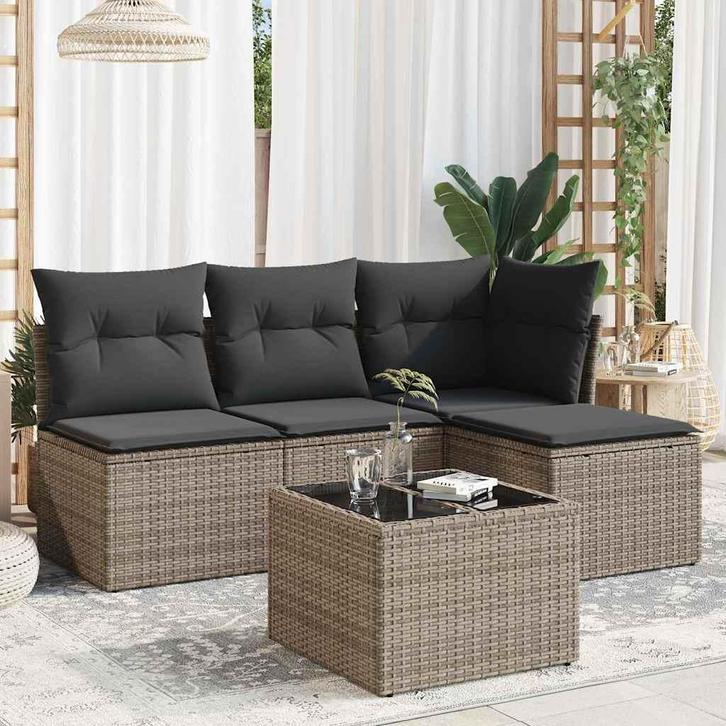 vidaXL 5-delige Loungeset met kussens poly rattan grijs, Tuin en Terras, Tuinsets en Loungesets, Loungeset, Nieuw, Rotan, Verzenden