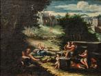 Scuola emiliana (XVII) - Paesaggio agreste con scene galanti, Antiek en Kunst