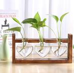 Glazen en houten vaas plantenbak tafelblad