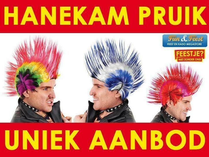 Hanekam pruiken in vele kleuren - Punk / Punker pruik kopen, Hobby en Vrije tijd, Feestartikelen, Nieuw, Verzenden