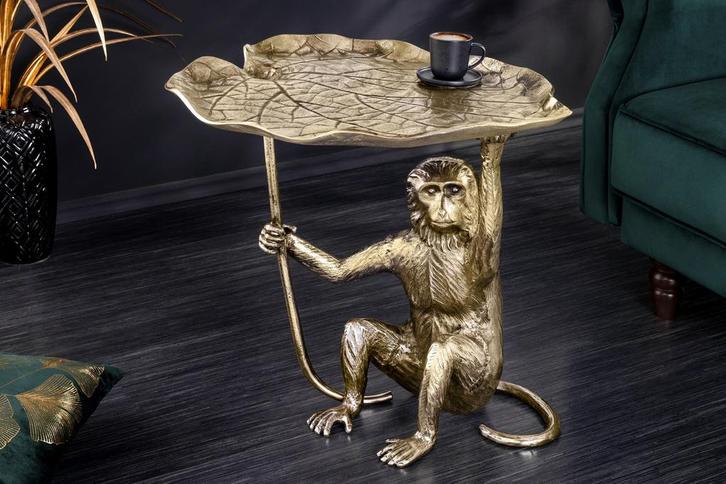 Design Bijzettafel WILDLIFE MONKEY 60cm goud antiek metaal, Huis en Inrichting, Tafels | Sidetables, Ophalen of Verzenden