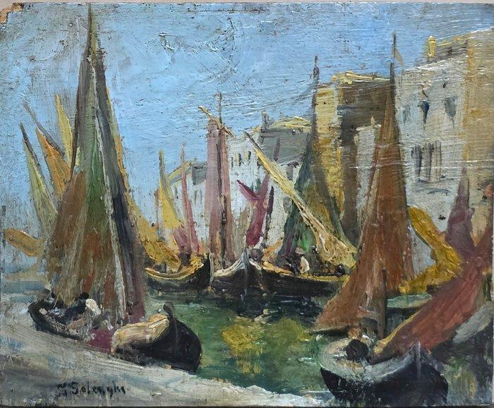 Giuseppe Solenghi (1879-1944) - Barche a Venezia, Antiek en Kunst, Kunst | Schilderijen | Klassiek